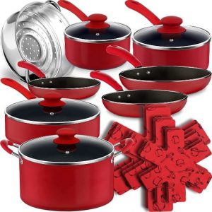 18-Piece Induction Cookware Set, Non-Stick Pots and Pans Set with Silicone Cool Handles,Highly Multilayer Coating,Dishwasher Safe,Oven Safe,Red, St. Patrick's Day gift, Spring holiday gift
