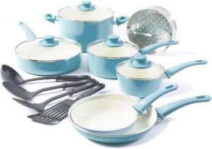 GreenLife Soft Grip 15 Piece Ceramic Non-Stick Induction Cookware Set, Turquoise